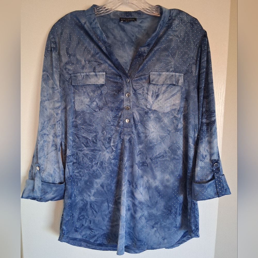 Ava & Grace-Blue Y Neck Top With Studded Detail And Rolled Cuffs. Size: M